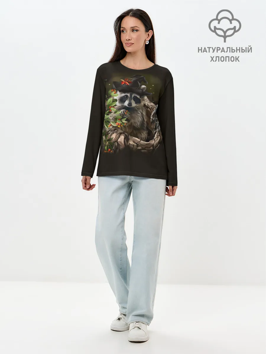 Лонгслив женский. Хлопок / Енот и сова