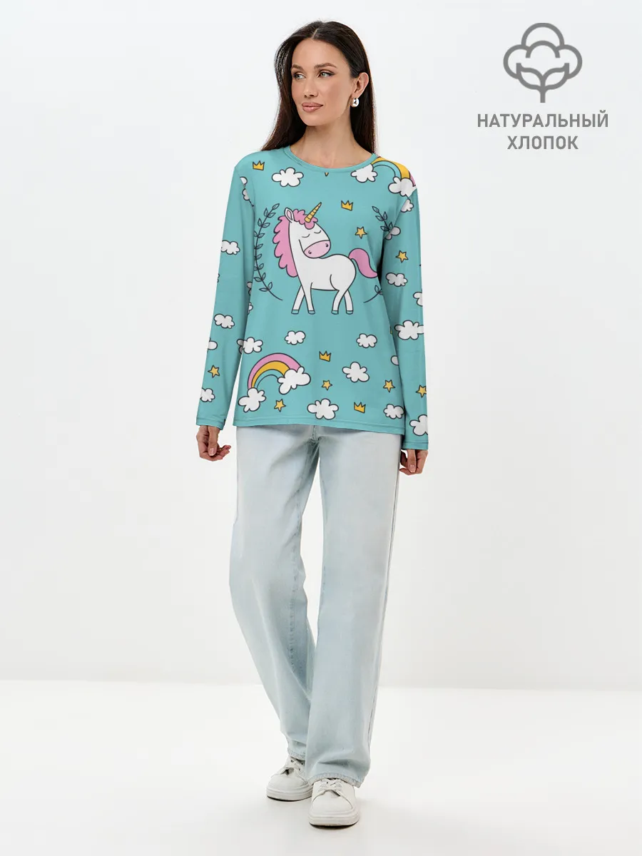 Лонгслив женский. Хлопок / Единорог радуга