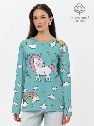 Лонгслив женский. Хлопок / Единорог радуга