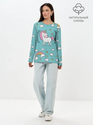 Лонгслив женский. Хлопок / Единорог радуга