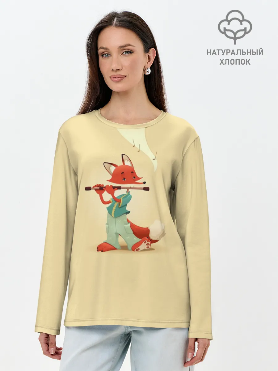 Лонгслив женский. Хлопок / Лисичка с флейтой