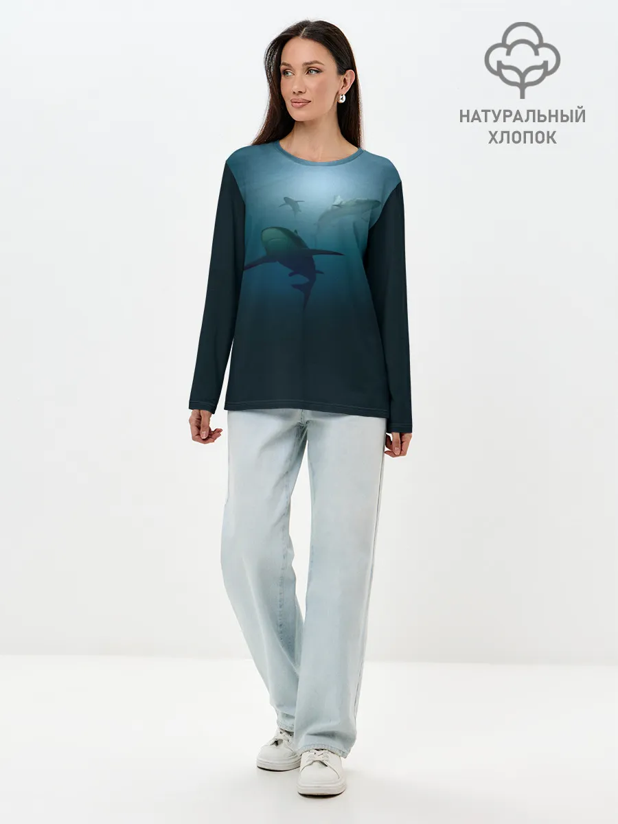 Лонгслив женский. Хлопок / Акулы