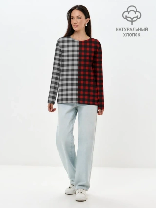 Лонгслив женский. Хлопок / Красно белая рубашка в клетку