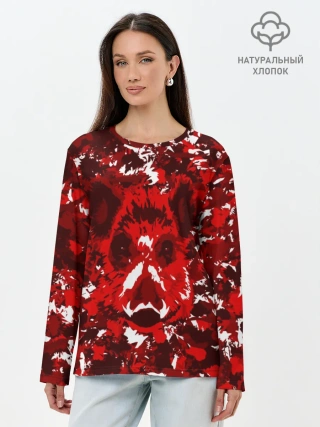 Лонгслив женский. Хлопок / Краснобелый камуфляж с кабаном