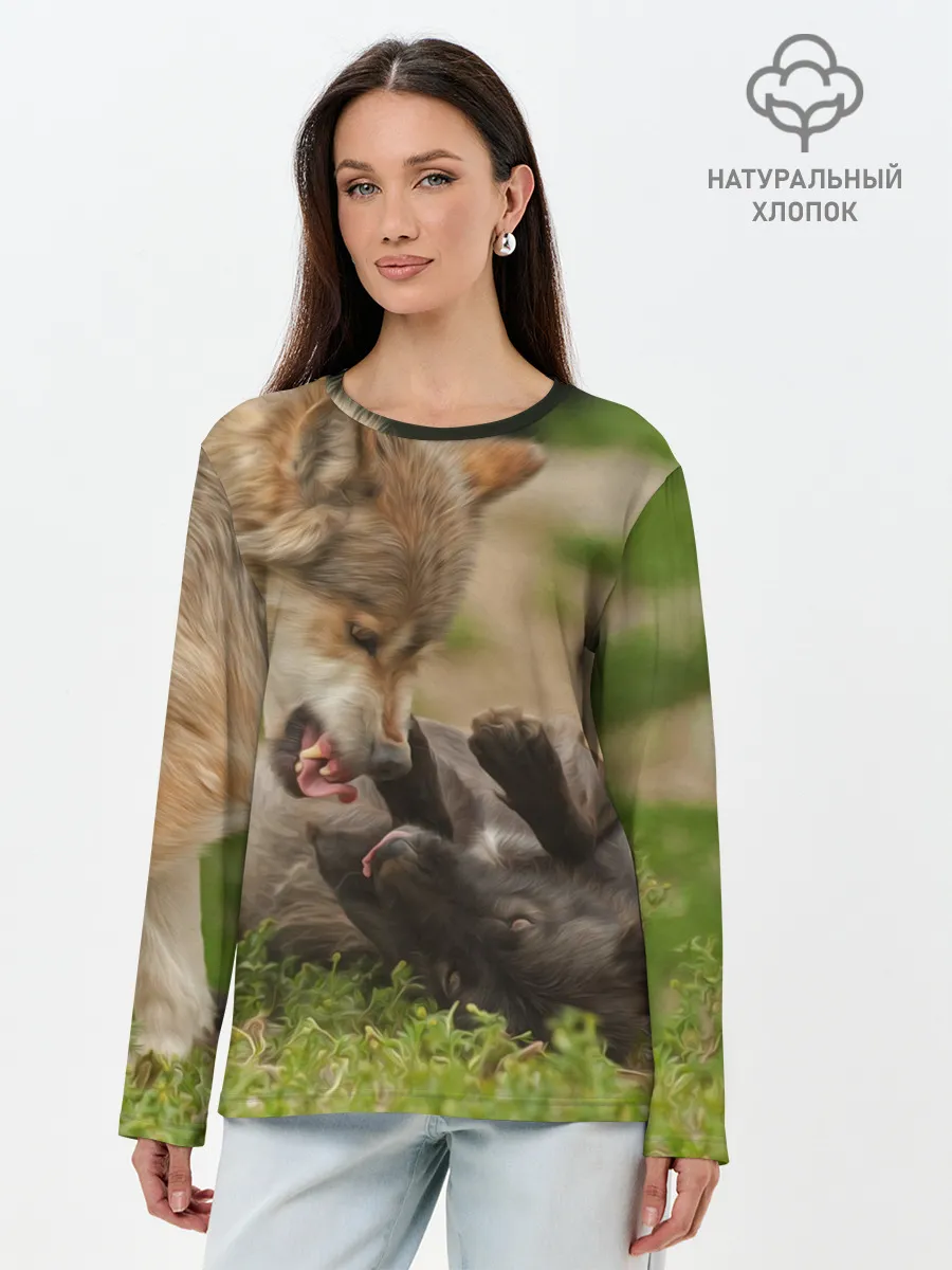 Лонгслив женский. Хлопок / Волки