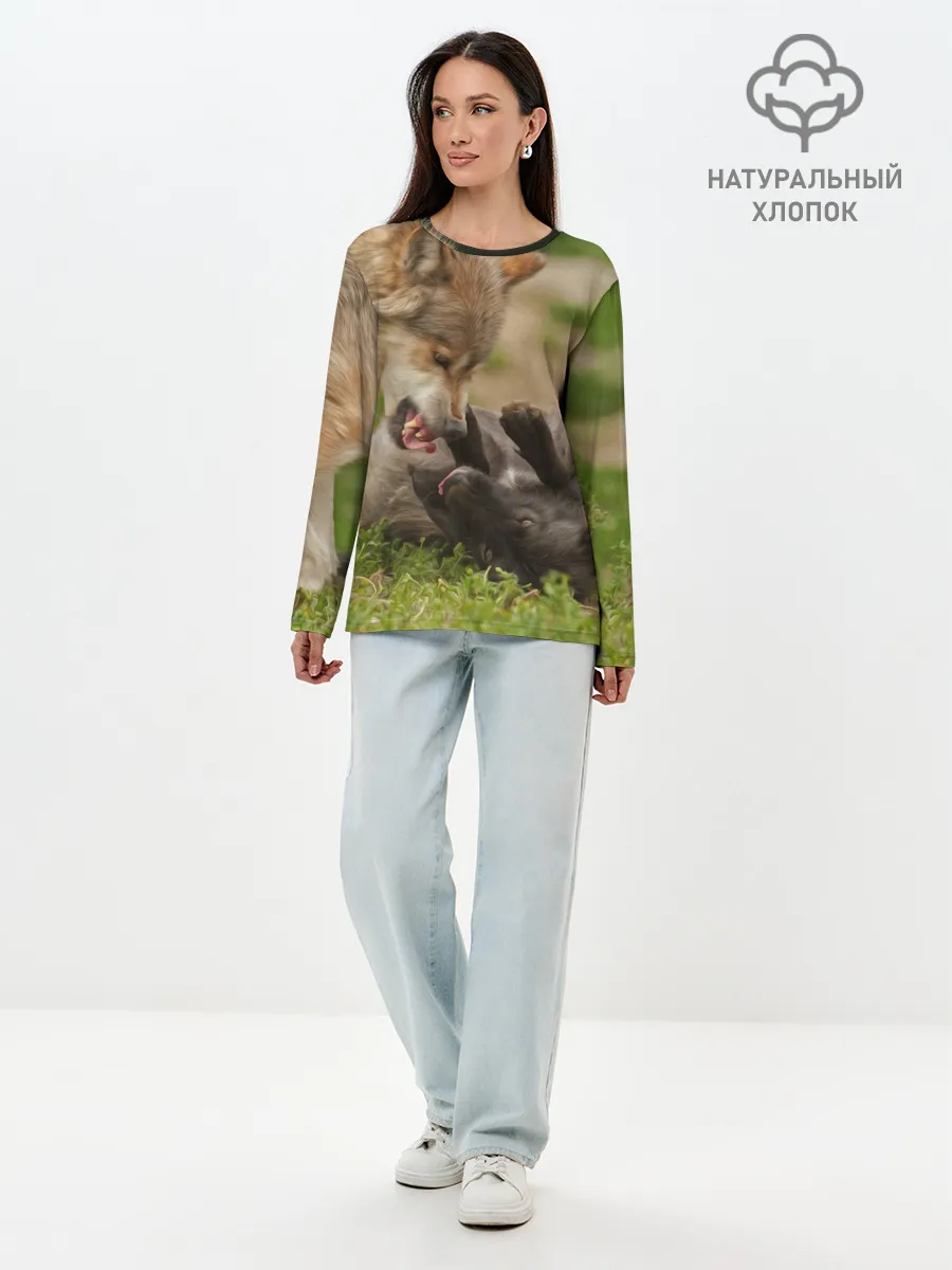 Лонгслив женский. Хлопок / Волки