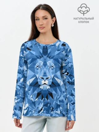 Лонгслив женский. Хлопок / Сине-бело-голубой лев