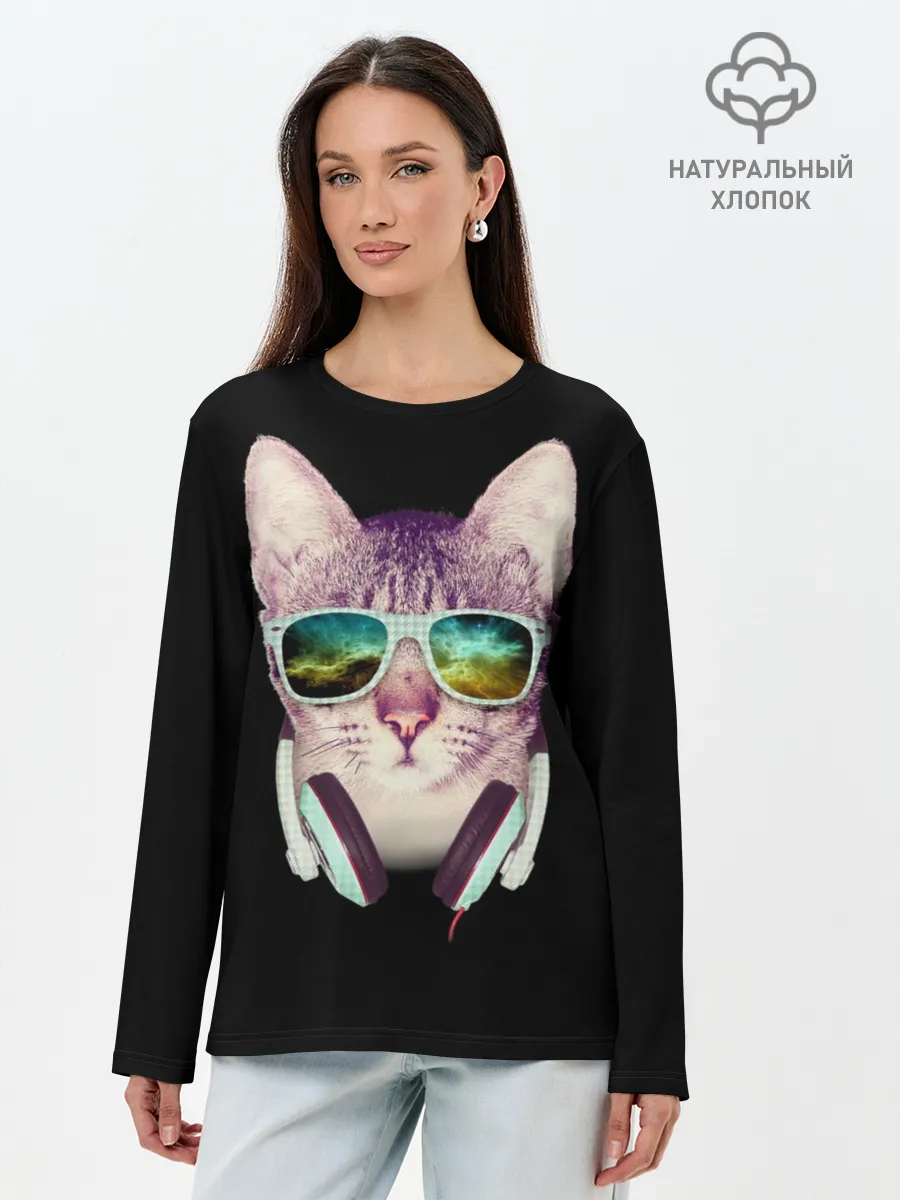Лонгслив женский. Хлопок / Кот в Наушниках