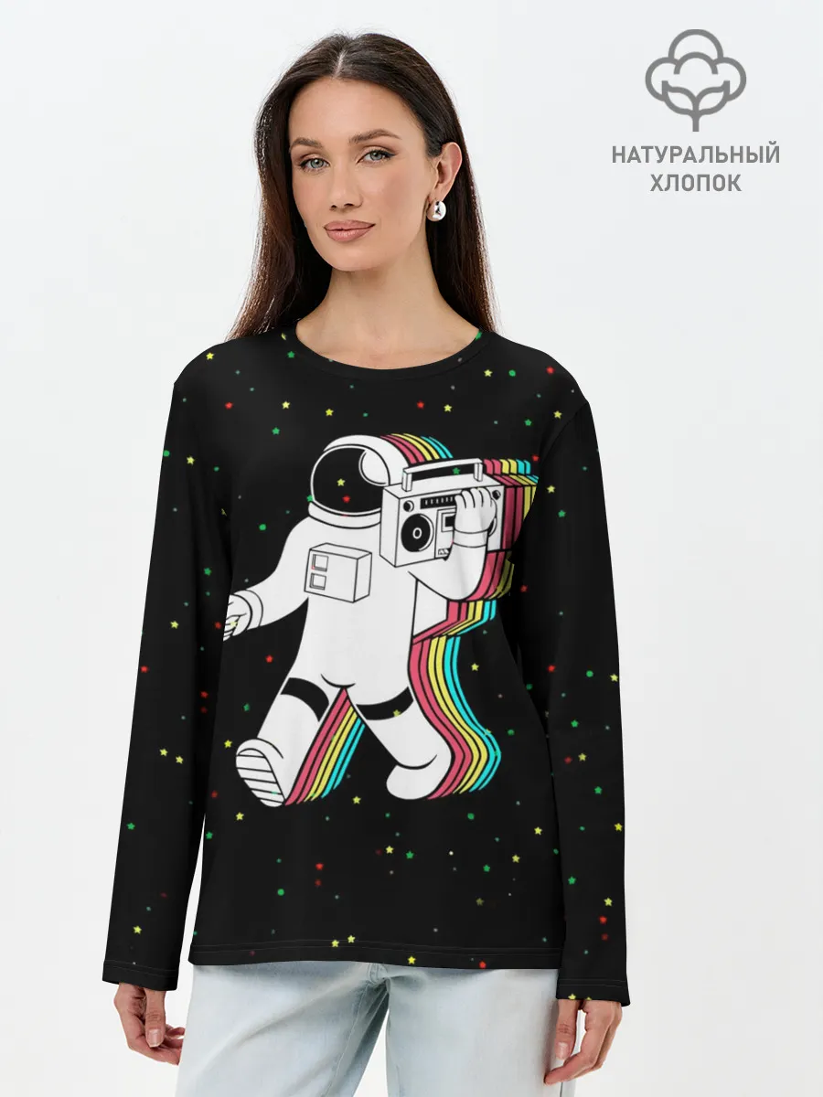Лонгслив женский. Хлопок / Космонавт с магнитофоном