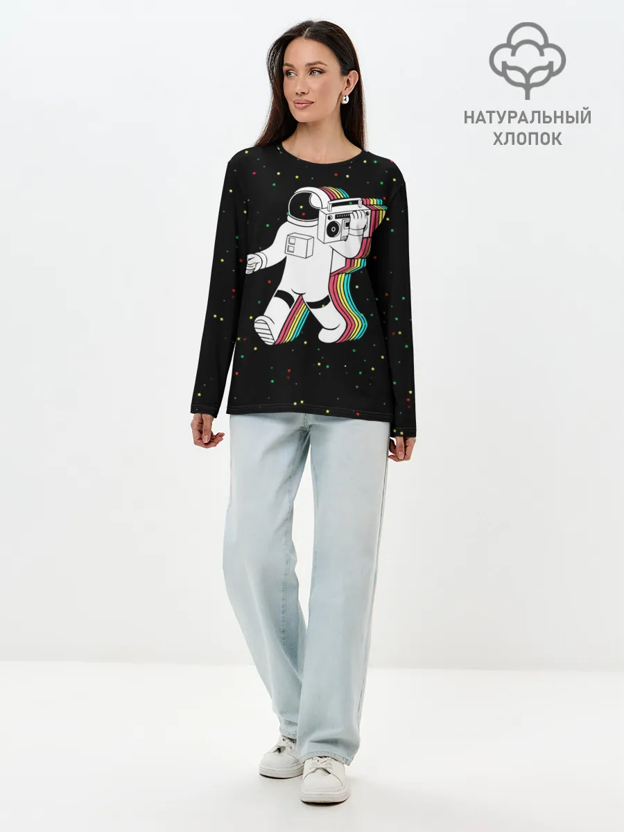 Лонгслив женский. Хлопок / Космонавт с магнитофоном