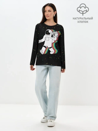 Лонгслив женский. Хлопок / Космонавт с магнитофоном