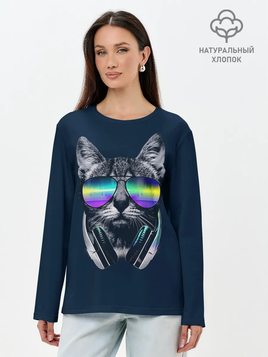 Лонгслив женский. Хлопок / Кот в Наушниках