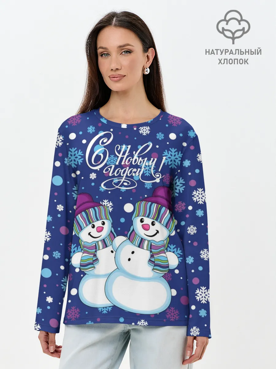 Лонгслив женский. Хлопок / Снеговики