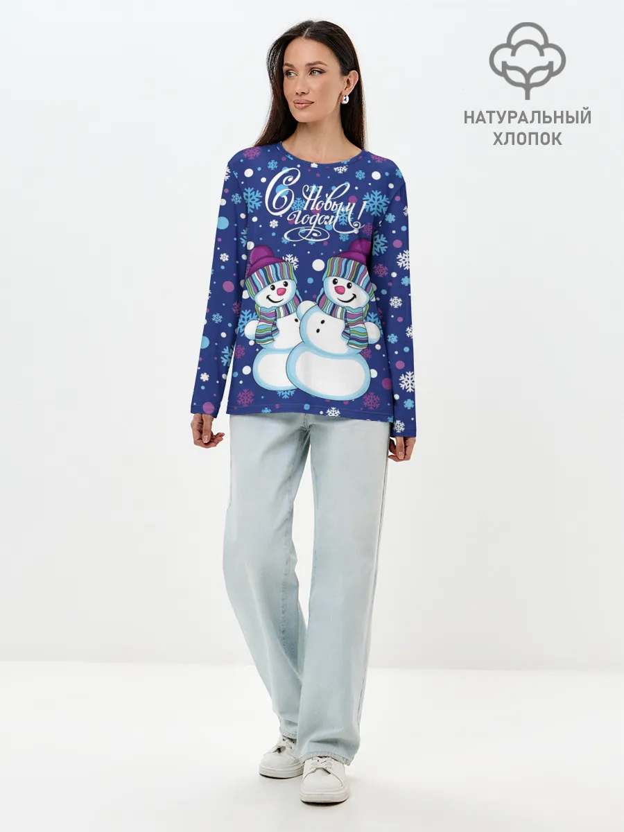 Лонгслив женский. Хлопок / Снеговики
