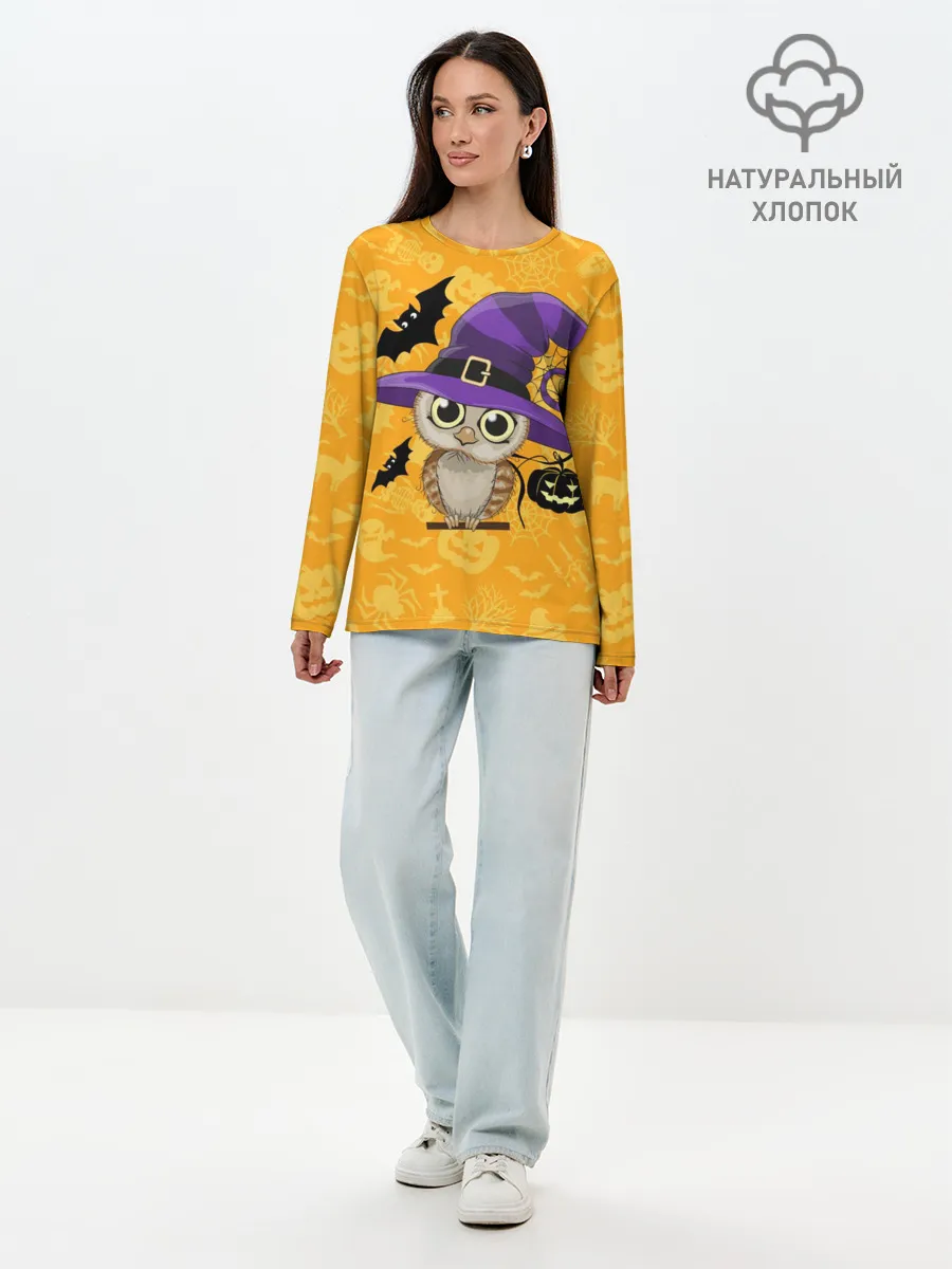 Лонгслив женский. Хлопок / Совушка и хэллоуин