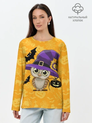 Лонгслив женский. Хлопок / Совушка и хэллоуин