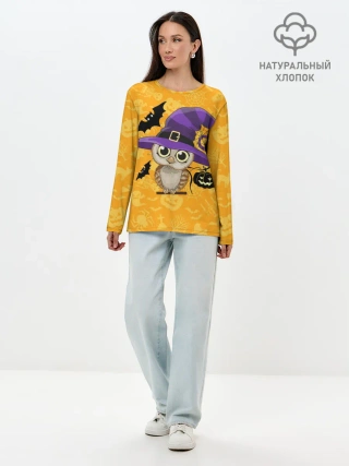 Лонгслив женский. Хлопок / Совушка и хэллоуин