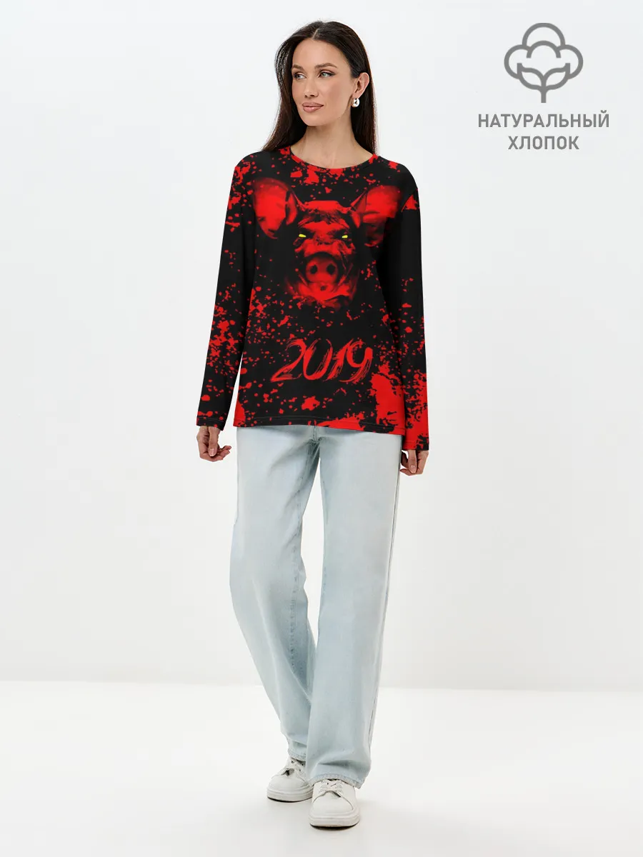 Лонгслив женский. Хлопок / Красный поросенок