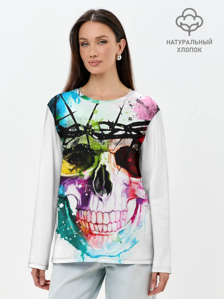 Лонгслив женский. Хлопок / Череп и краска