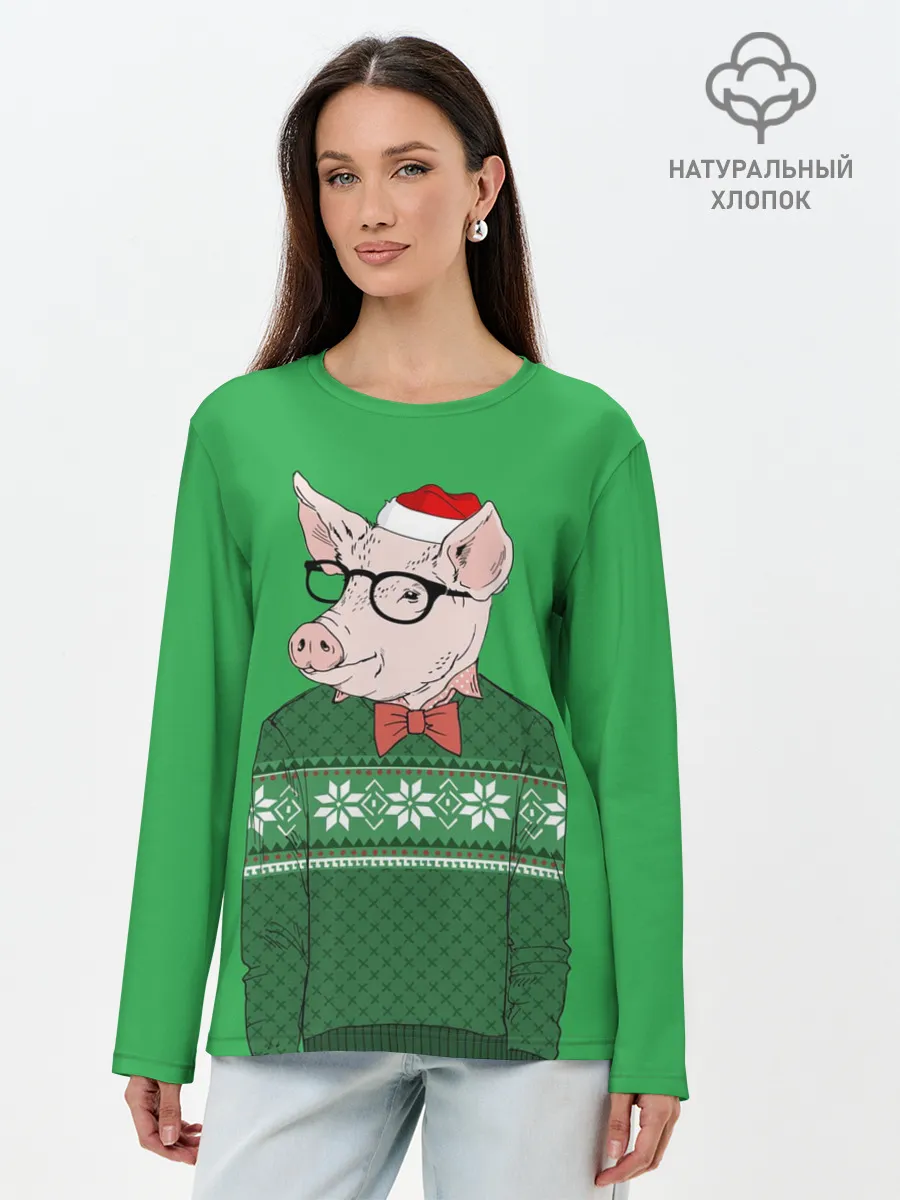 Лонгслив женский. Хлопок / New Year Hipster Pig