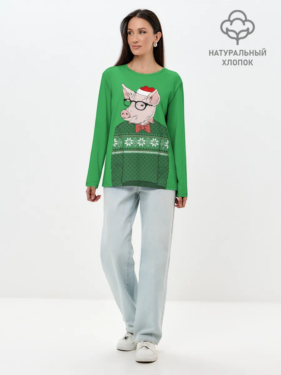 Лонгслив женский. Хлопок / New Year Hipster Pig