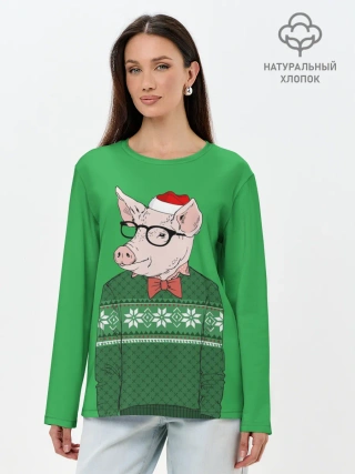 Лонгслив женский. Хлопок / New Year Hipster Pig