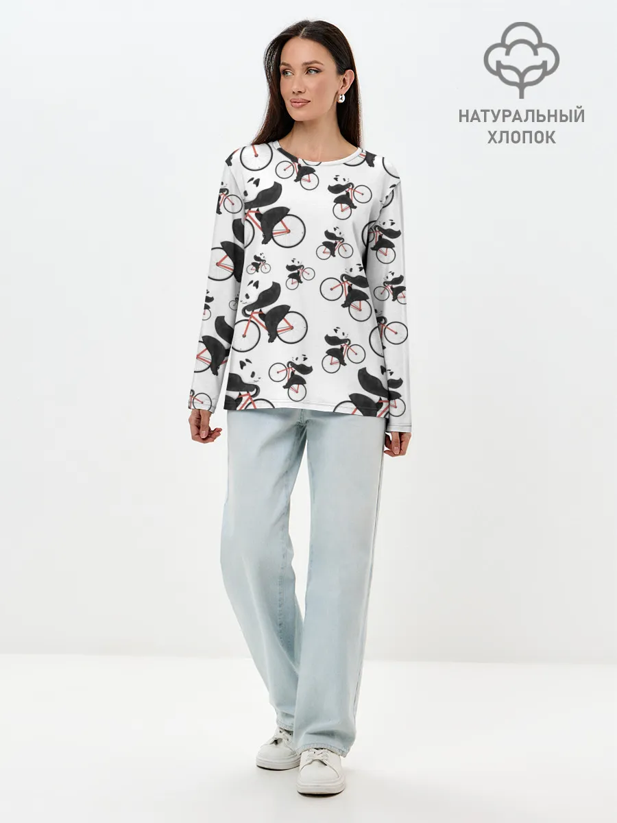 Лонгслив женский. Хлопок / Панды На Велосипеде