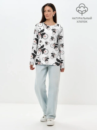 Лонгслив женский. Хлопок / Панды На Велосипеде