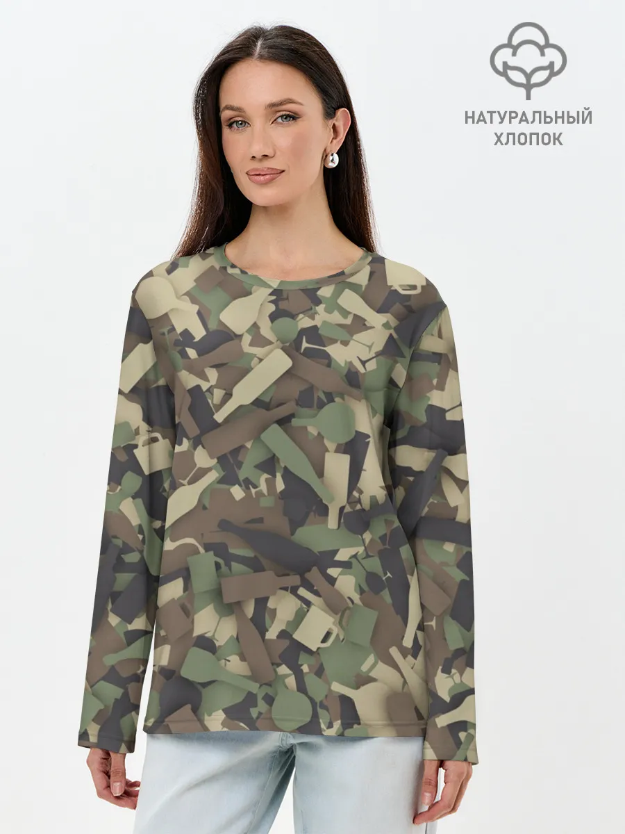 Лонгслив женский. Хлопок / Лесной камуфляж с бутылками
