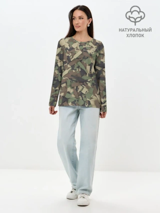 Лонгслив женский. Хлопок / Лесной камуфляж с бутылками