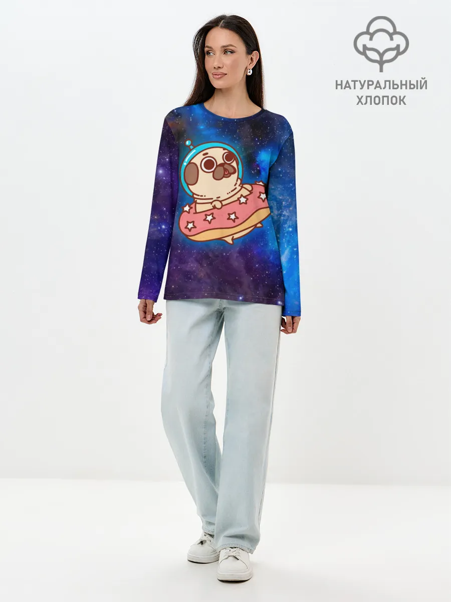 Лонгслив женский. Хлопок / Мопс Космонавт