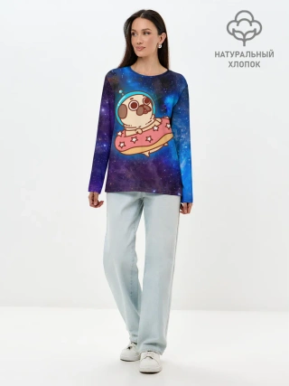 Лонгслив женский. Хлопок / Мопс Космонавт