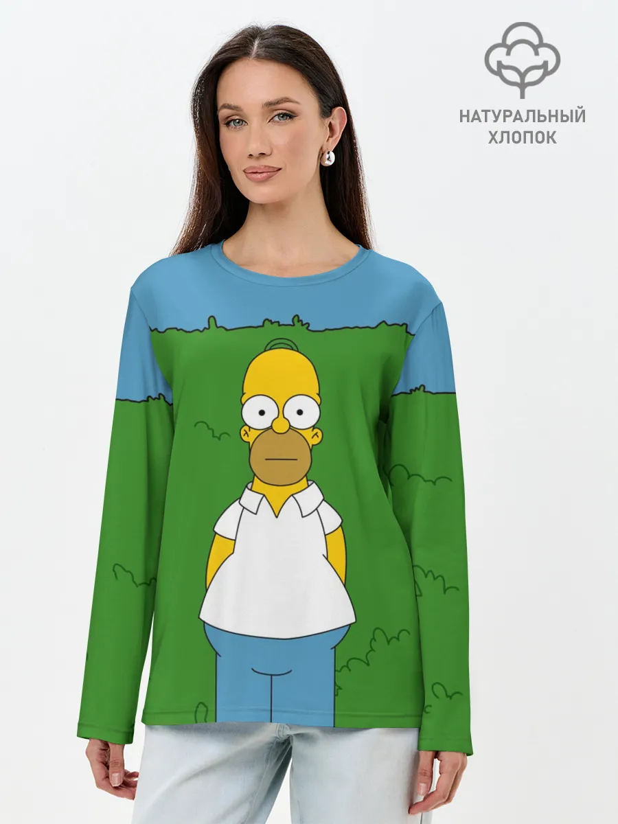 Лонгслив женский. Хлопок / Гомер Симпсон в кустах
