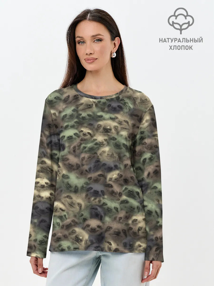 Лонгслив женский. Хлопок / Камуфляж с ленивцами
