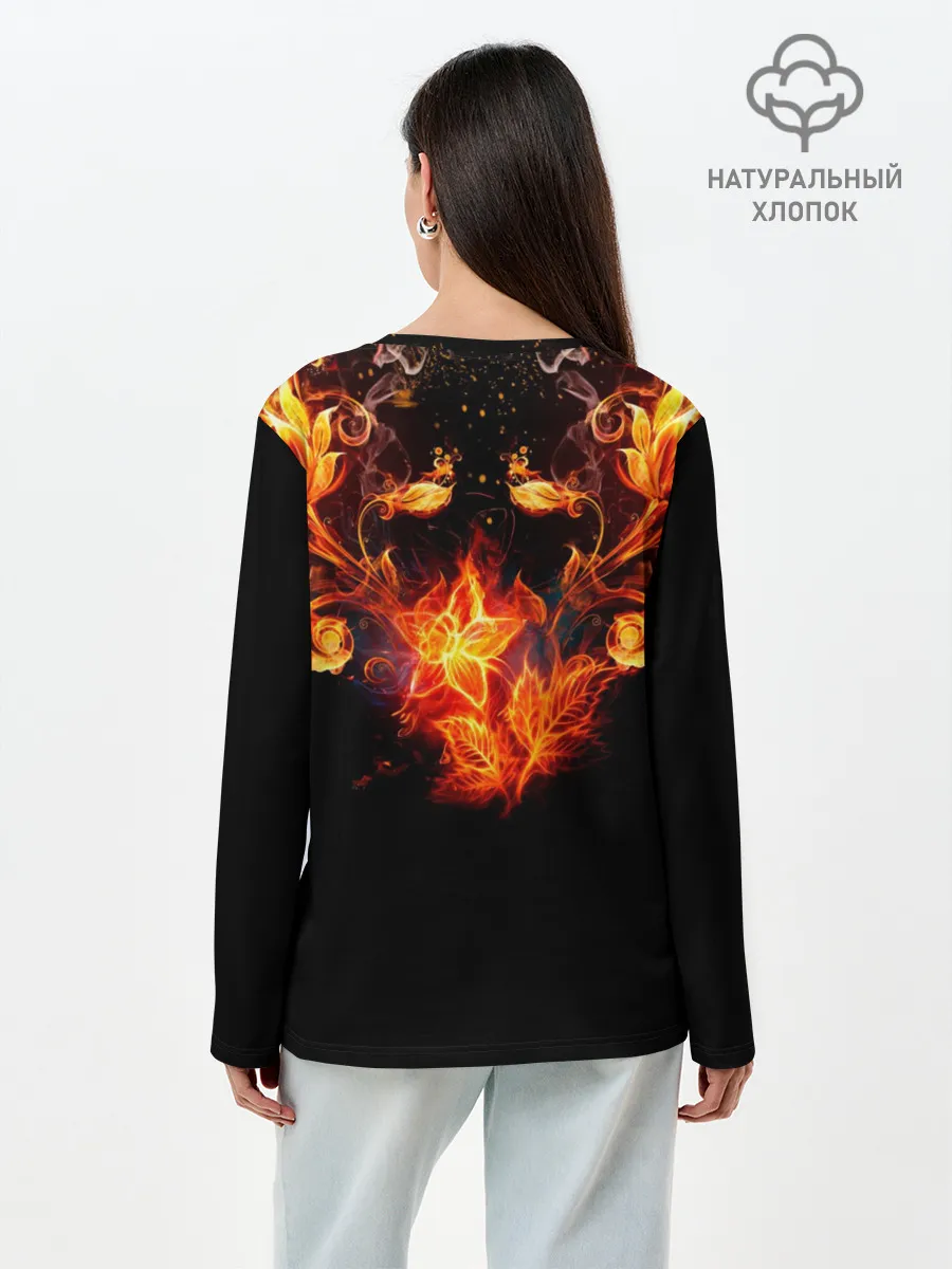 Лонгслив женский. Хлопок / Огненные цветы в темноте