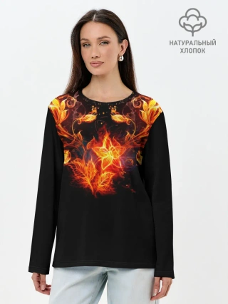 Лонгслив женский. Хлопок / Огненные цветы в темноте