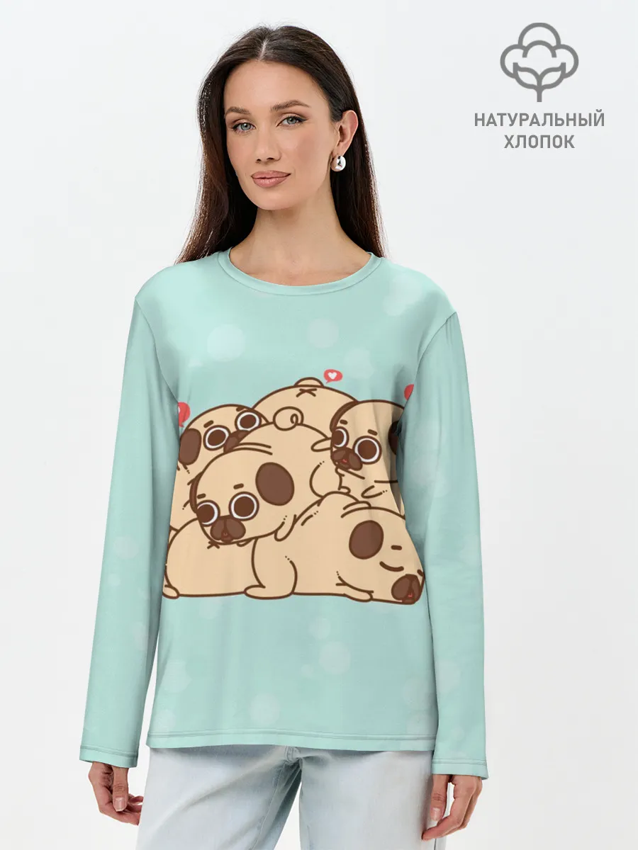 Лонгслив женский. Хлопок / Мопсы