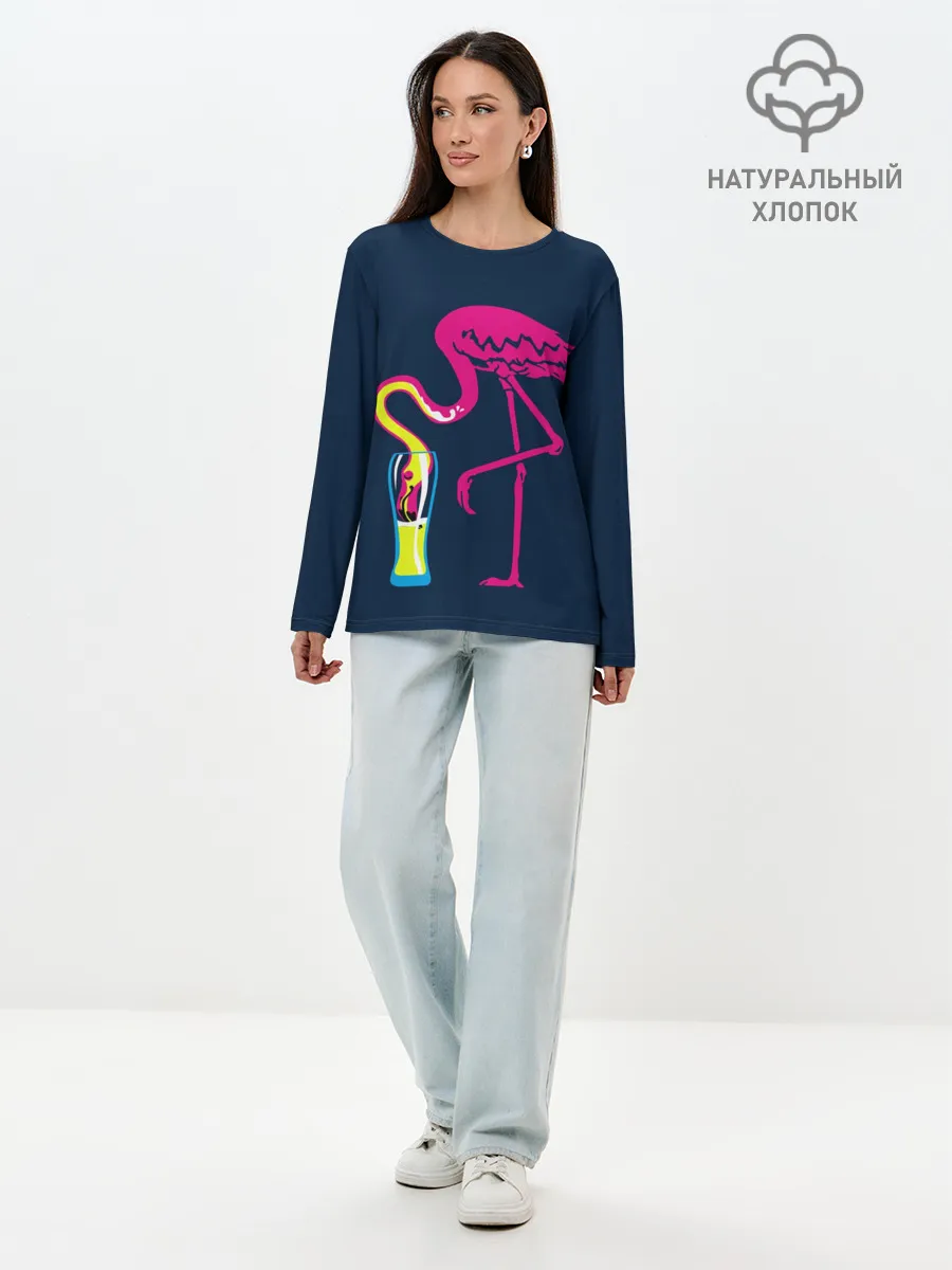 Лонгслив женский. Хлопок / Кислотный фламинго