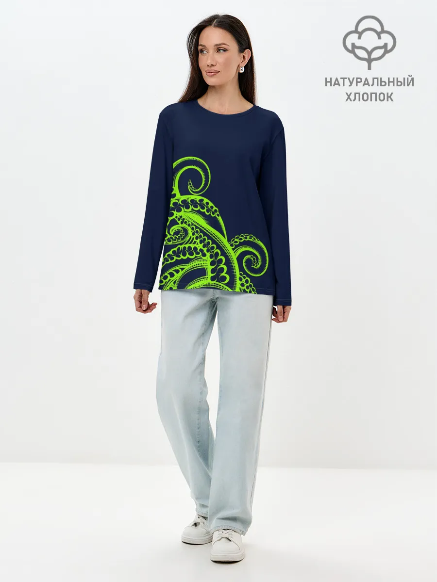 Лонгслив женский. Хлопок / Кислотный осьминожка