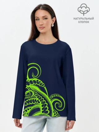 Лонгслив женский. Хлопок / Кислотный осьминожка