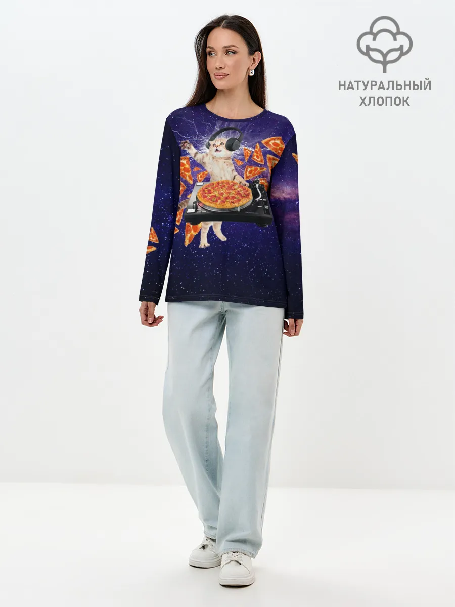 Лонгслив женский. Хлопок / Пицца - Кот