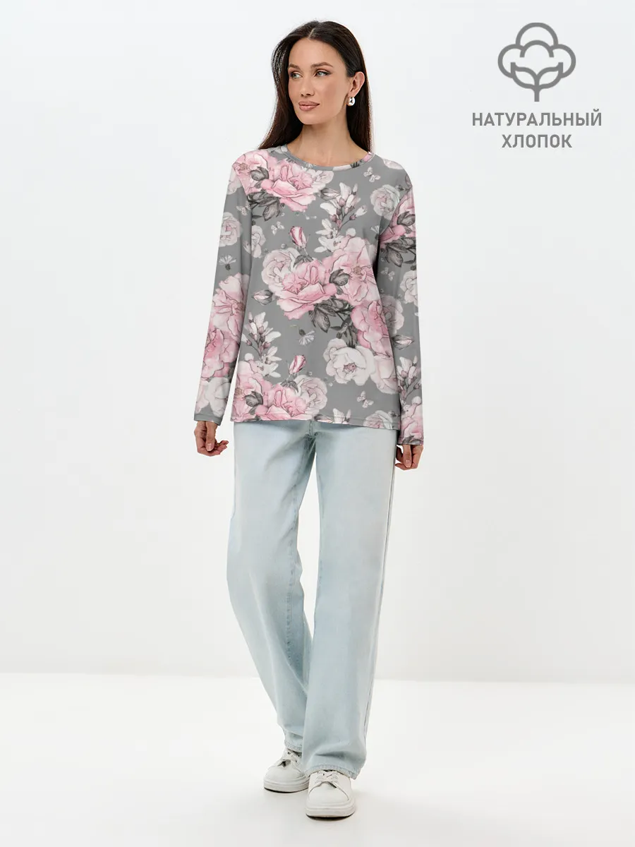 Лонгслив женский. Хлопок / Розовые розы