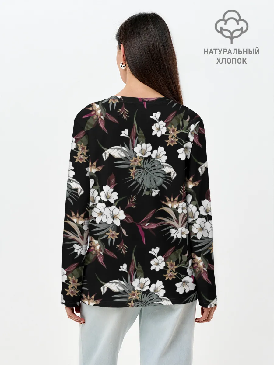 Лонгслив женский. Хлопок / Белые цветы