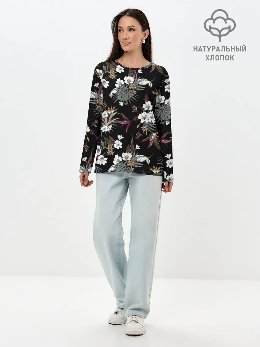 Лонгслив женский. Хлопок / Белые цветы