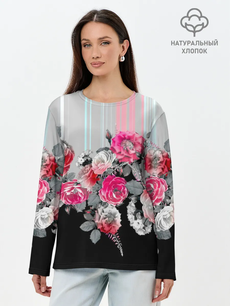 Лонгслив женский. Хлопок / Розы