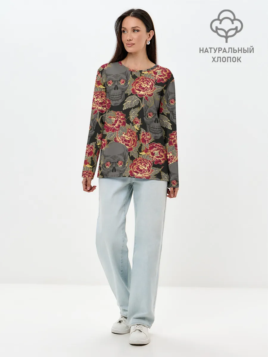 Лонгслив женский. Хлопок / Черепа и розы