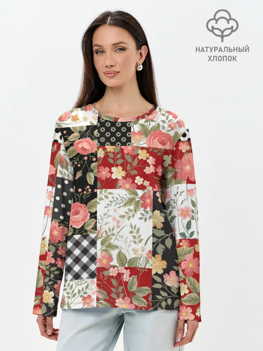Лонгслив женский. Хлопок / Лоскутный орнамент