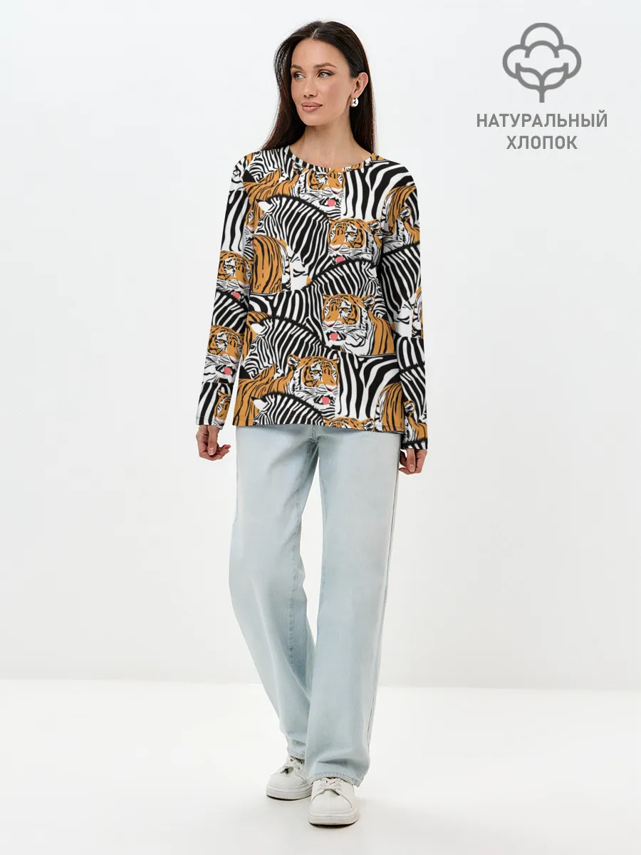 Лонгслив женский. Хлопок / Тигры и зебры