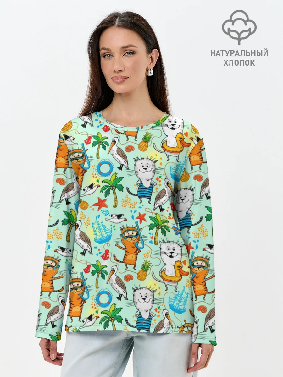 Лонгслив женский. Хлопок / Коты на отдыхе