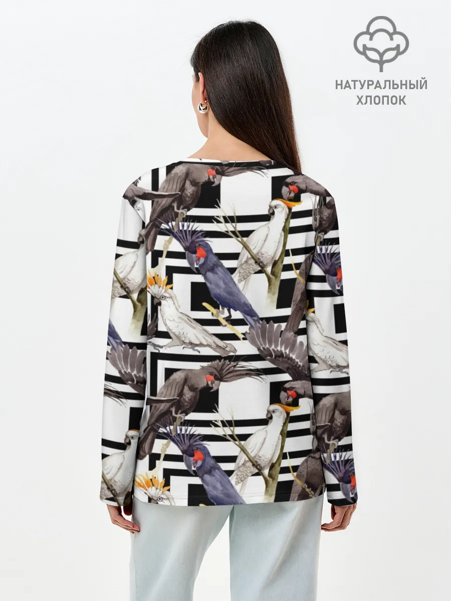 Лонгслив женский. Хлопок / Попугаи какаду